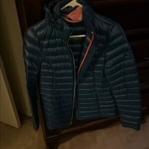 kate spade Dark Teal Puffer Jacket with Pink Accents